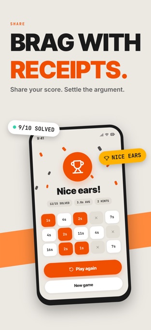 An end-of-game scorecard showing songs solved and average time